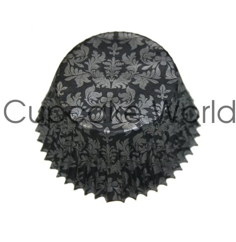 BLACK SILVER FLORAL DAMASK PAPER MUFFIN CUPCAKE CASES PETIT 50PC - Click Image to Close